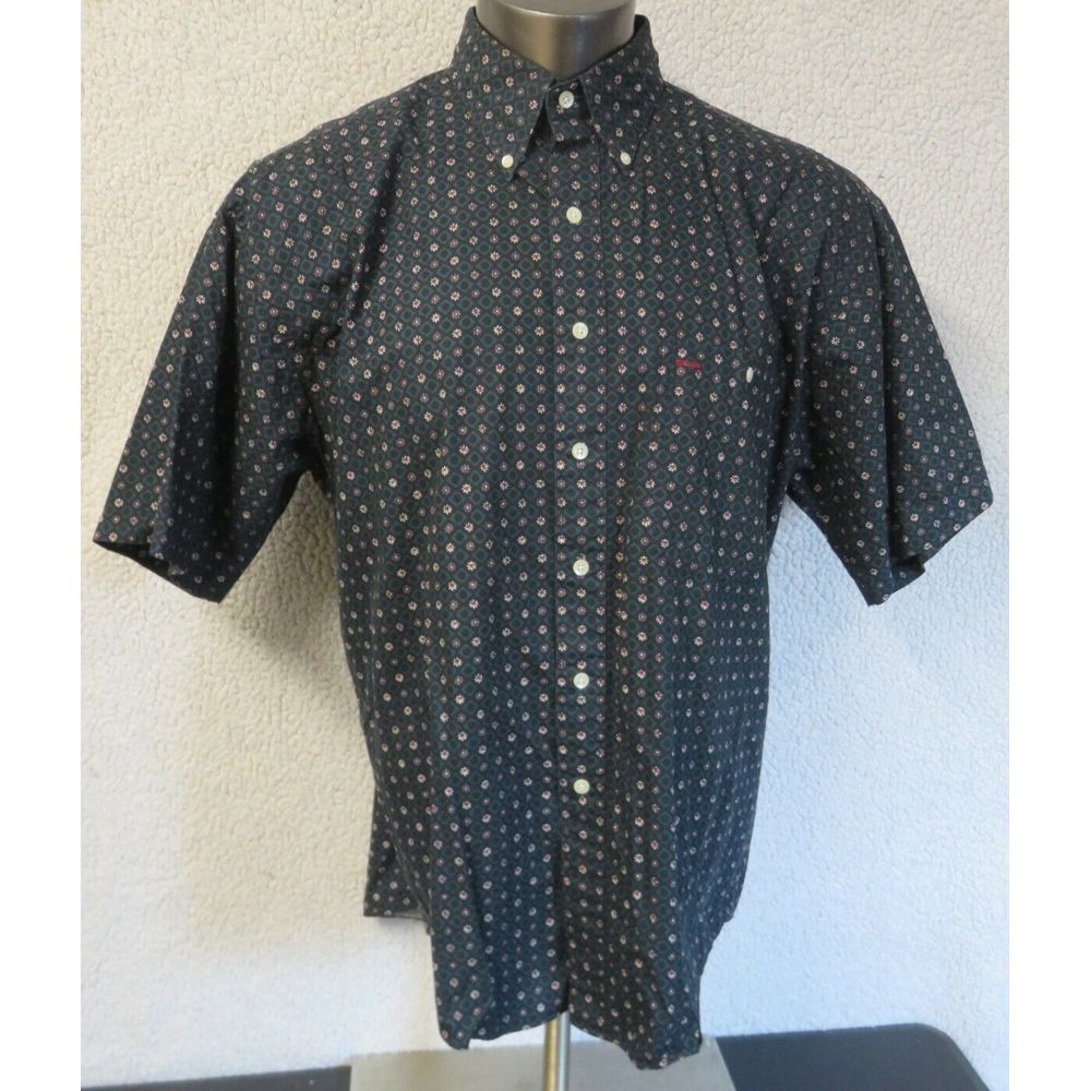 GANT Short Sleeve Button Front Shirt Green Geometric‎ L Cotton Imperial Poplin